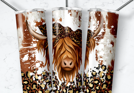 Highland Cow w/Cheeta print bow 20 oz Tumbler